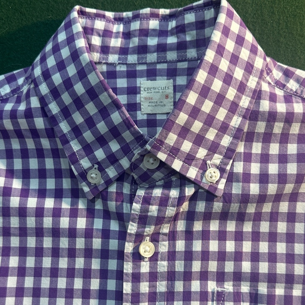 Crewcuts Purple and White Checkered Kids Button Down Long Sleeve Shirt, size 8